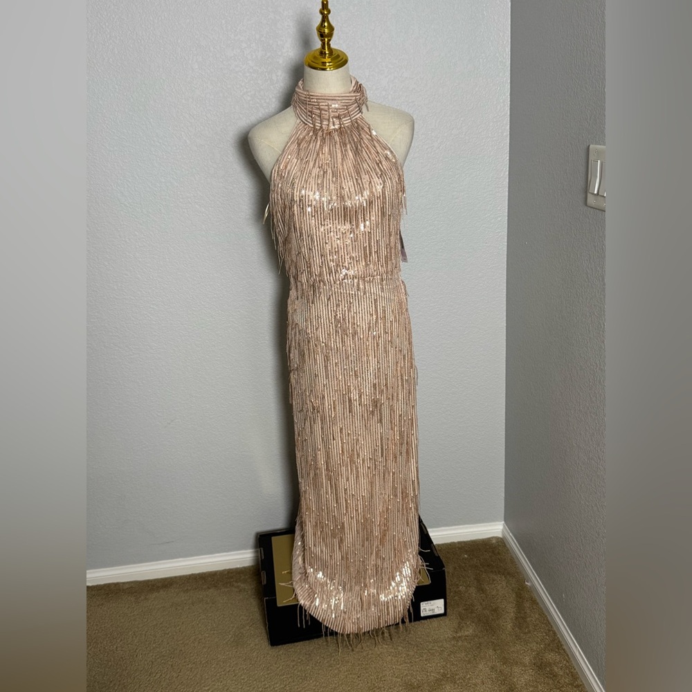 Embellished Sequin Fringe Power Mesh Dress W/Mock Halter & Elastic Waist - Picture 9 of 9